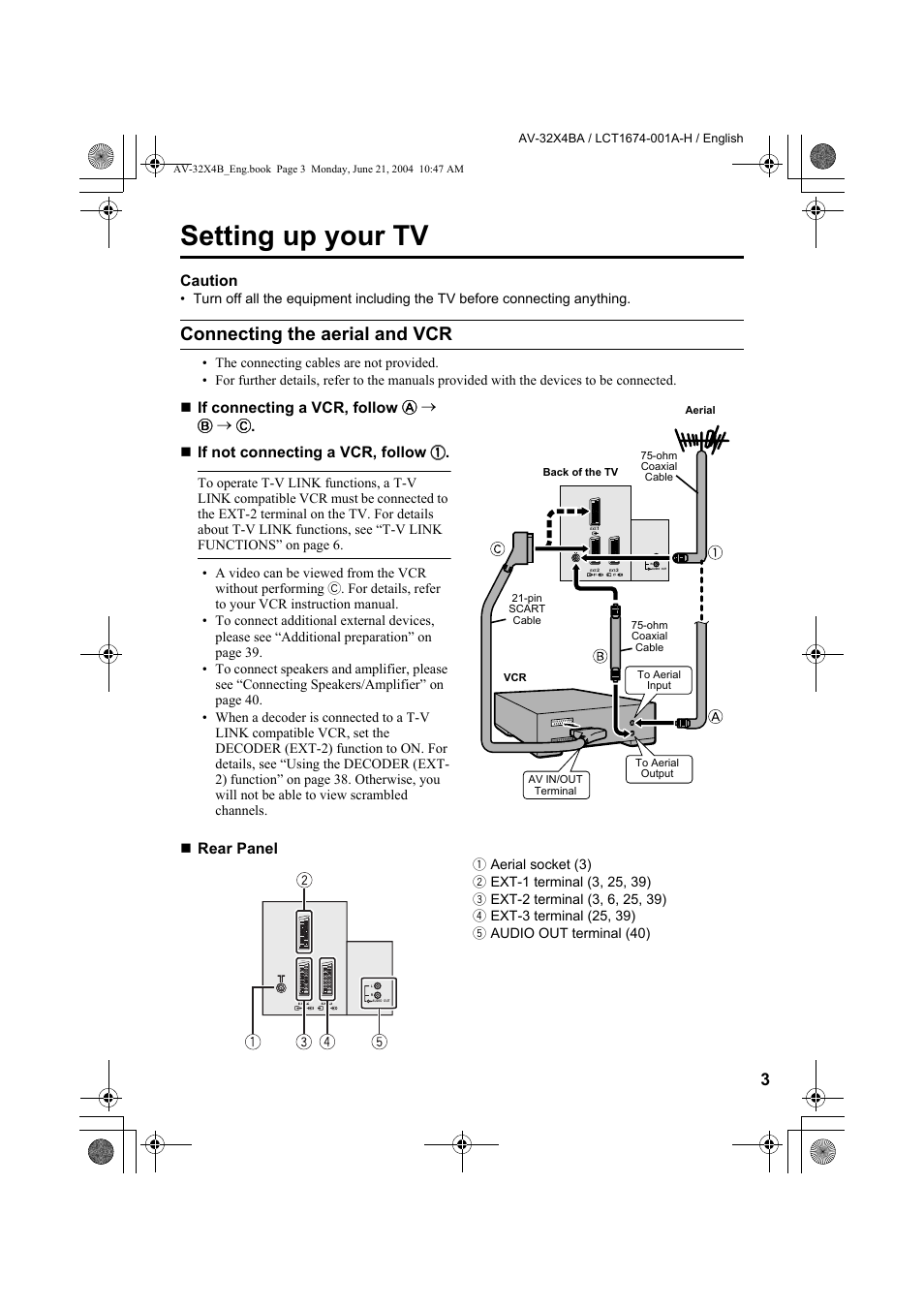 Setting up your tv, Connecting the aerial and vcr, Caution | Rear panel | JVC AV-32X4BA User Manual | Page 5 / 48