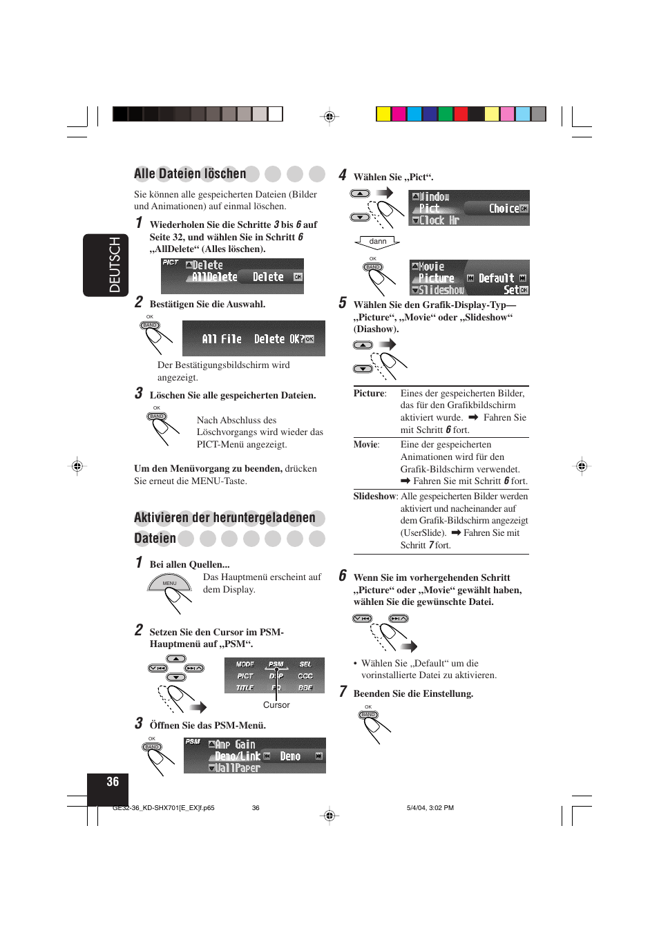 Deutsch, Alle dateien löschen, Aktivieren der heruntergeladenen | Dateien | JVC CD Receiver KD-SHX701 User Manual | Page 100 / 259