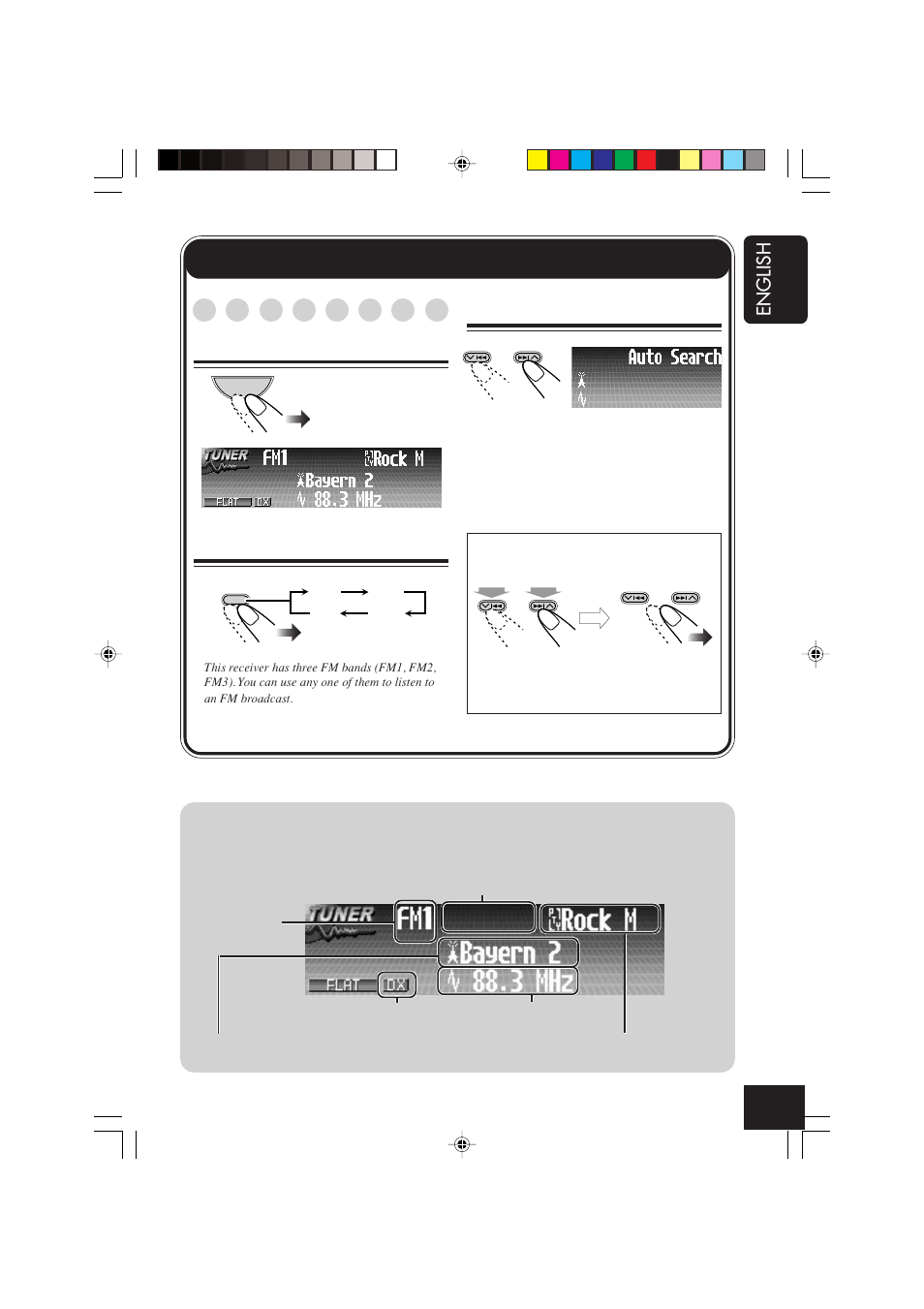 Radio operations, English, Listening to the radio | Select the tuner, Select the band (fm/am), Start searching for a station | JVC CD Receiver KD-SHX701 User Manual | Page 11 / 259