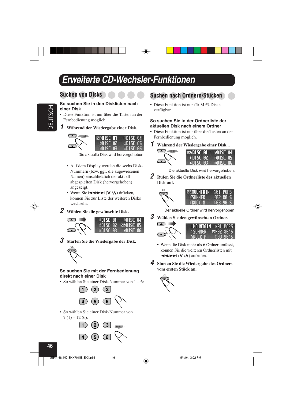 Erweiterte cd-wechsler-funktionen, Deutsch, Suchen von disks | Suchen nach ordnern/stücken | JVC CD Receiver KD-SHX701 User Manual | Page 110 / 259