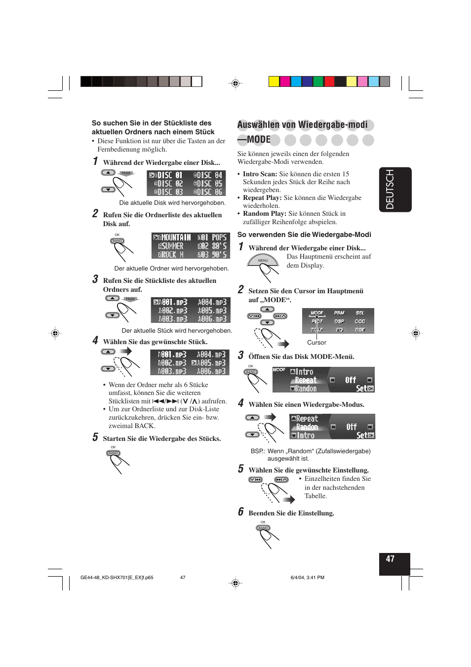 Deutsch, Auswählen von wiedergabe-modi, Mode | JVC CD Receiver KD-SHX701 User Manual | Page 111 / 259