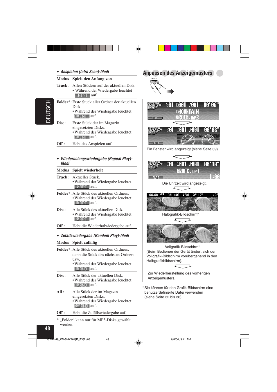 Deutsch, Anpassen des anzeigemusters | JVC CD Receiver KD-SHX701 User Manual | Page 112 / 259