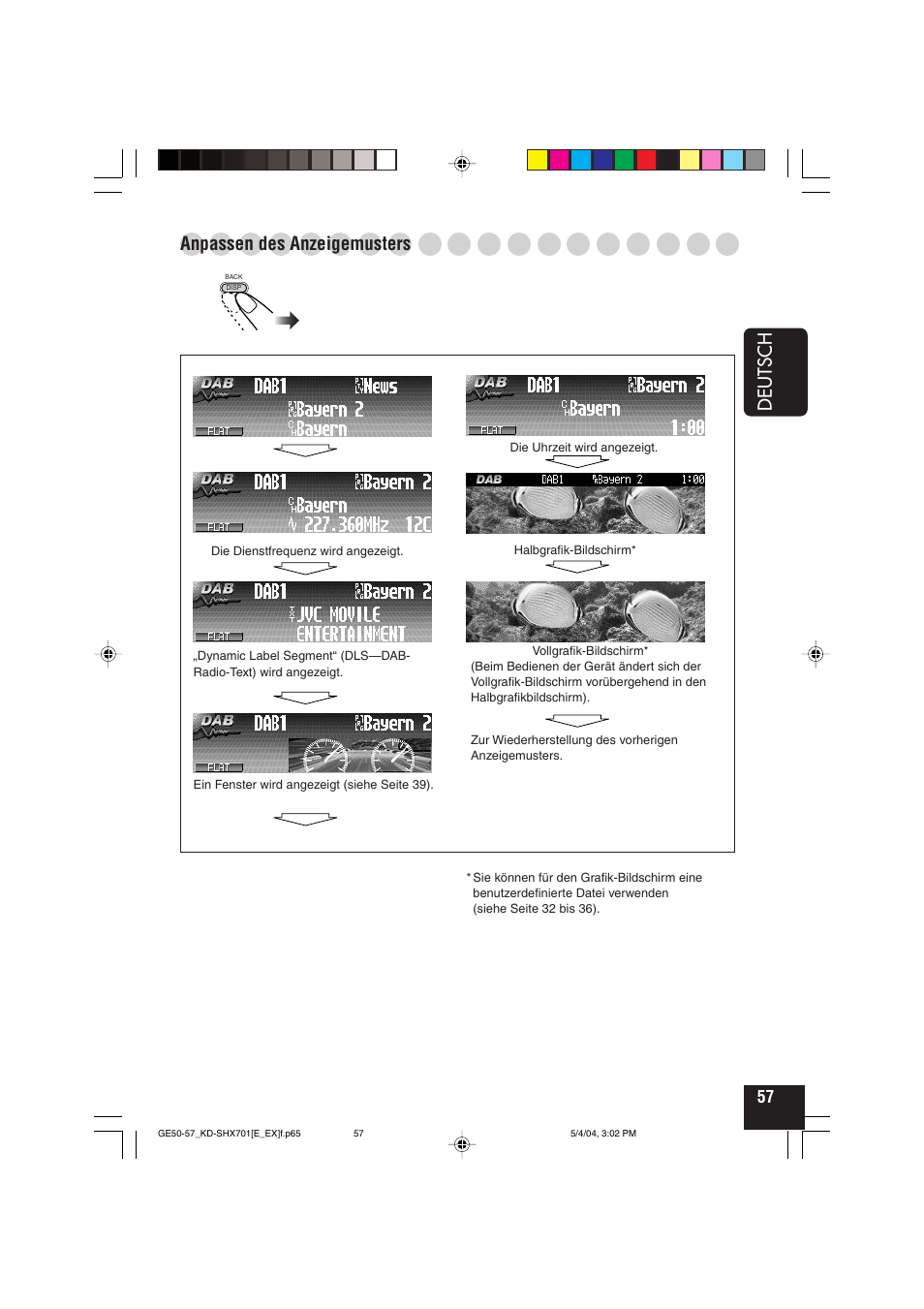 Deutsch, Anpassen des anzeigemusters | JVC CD Receiver KD-SHX701 User Manual | Page 121 / 259