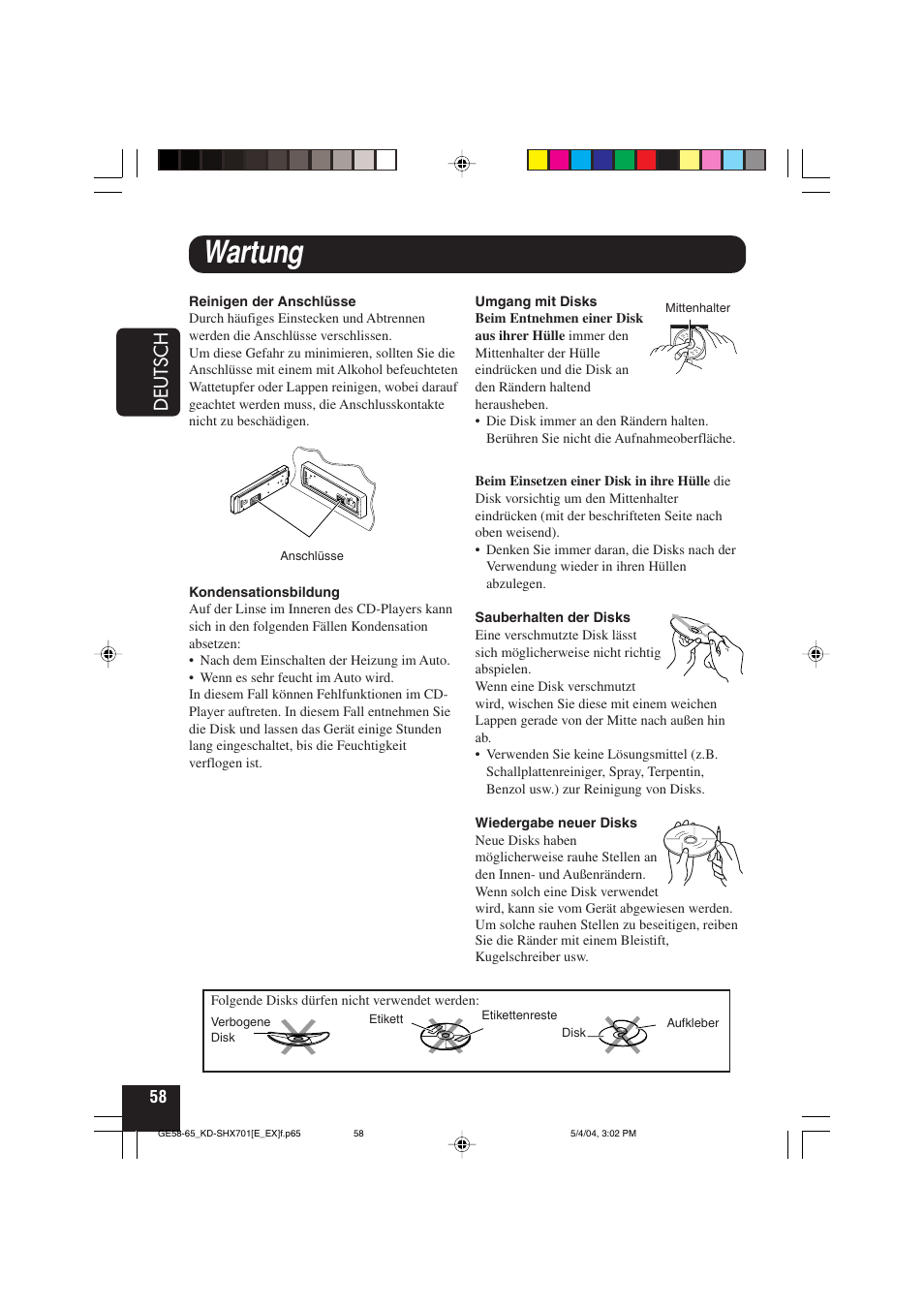 Wartung, Deutsch | JVC CD Receiver KD-SHX701 User Manual | Page 122 / 259