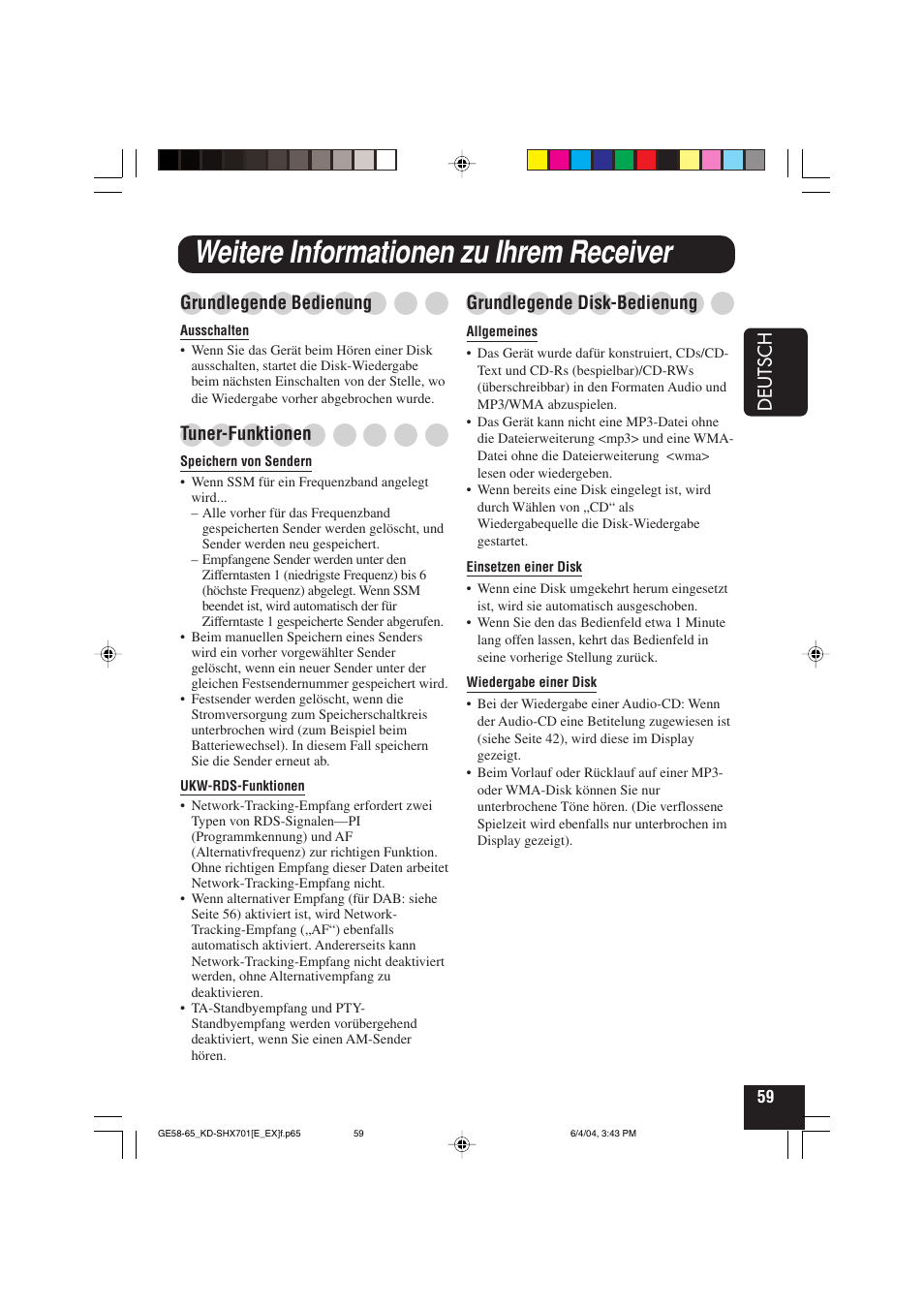 Weitere informationen zu ihrem receiver, Deutsch, Grundlegende bedienung | Tuner-funktionen, Grundlegende disk-bedienung | JVC CD Receiver KD-SHX701 User Manual | Page 123 / 259