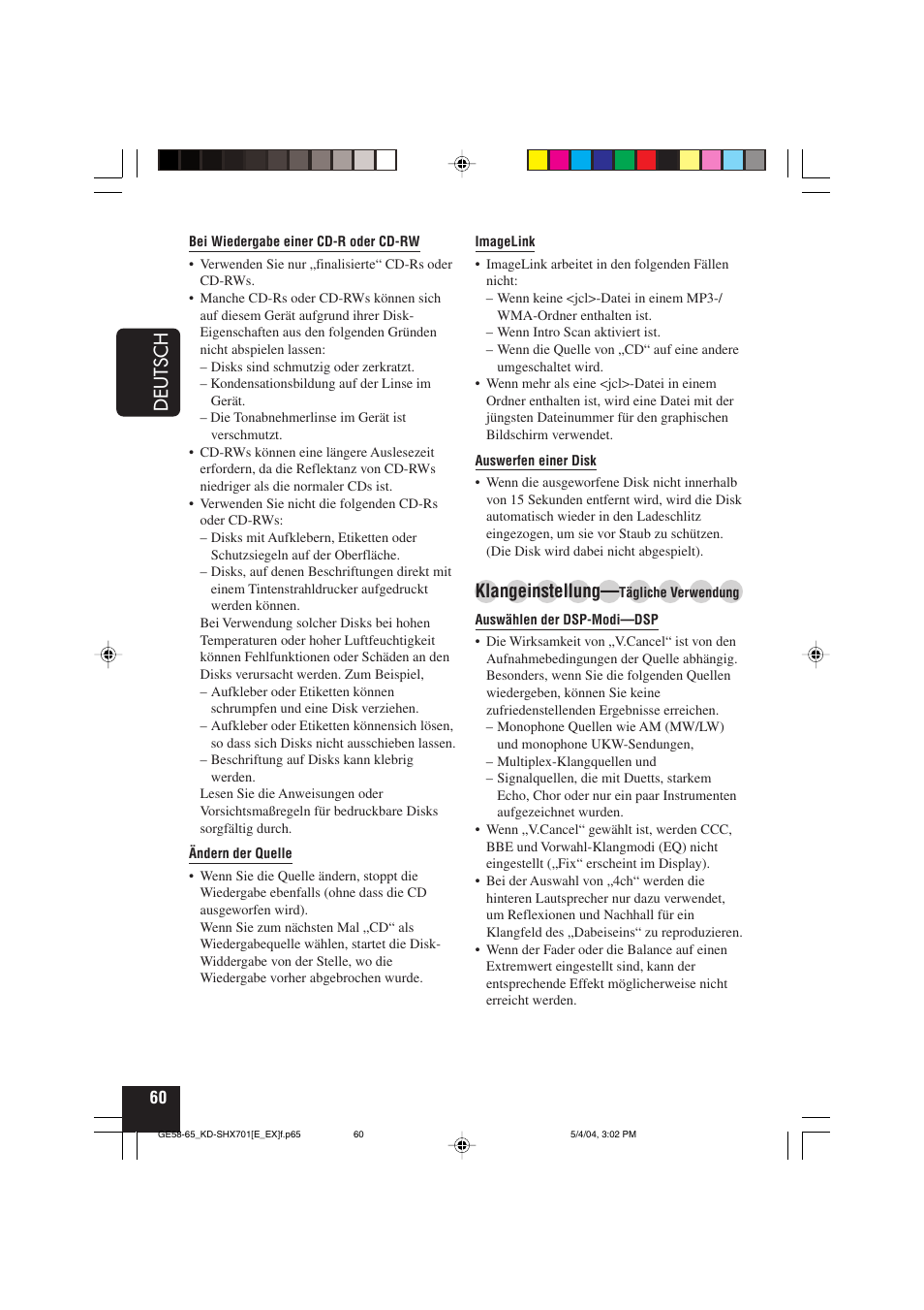 Deutsch, Klangeinstellung | JVC CD Receiver KD-SHX701 User Manual | Page 124 / 259
