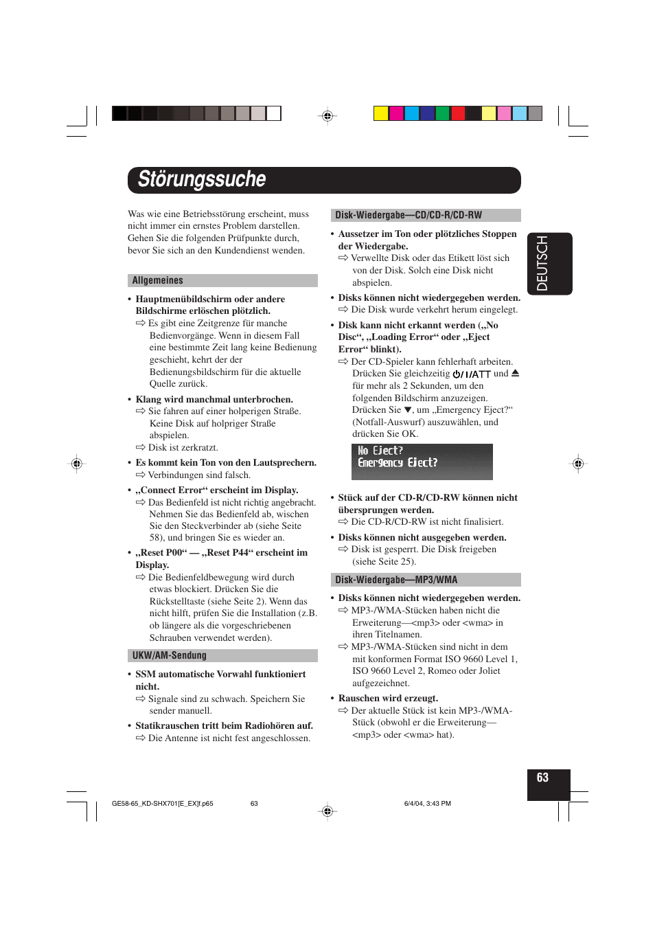 Störungssuche, Deutsch | JVC CD Receiver KD-SHX701 User Manual | Page 127 / 259