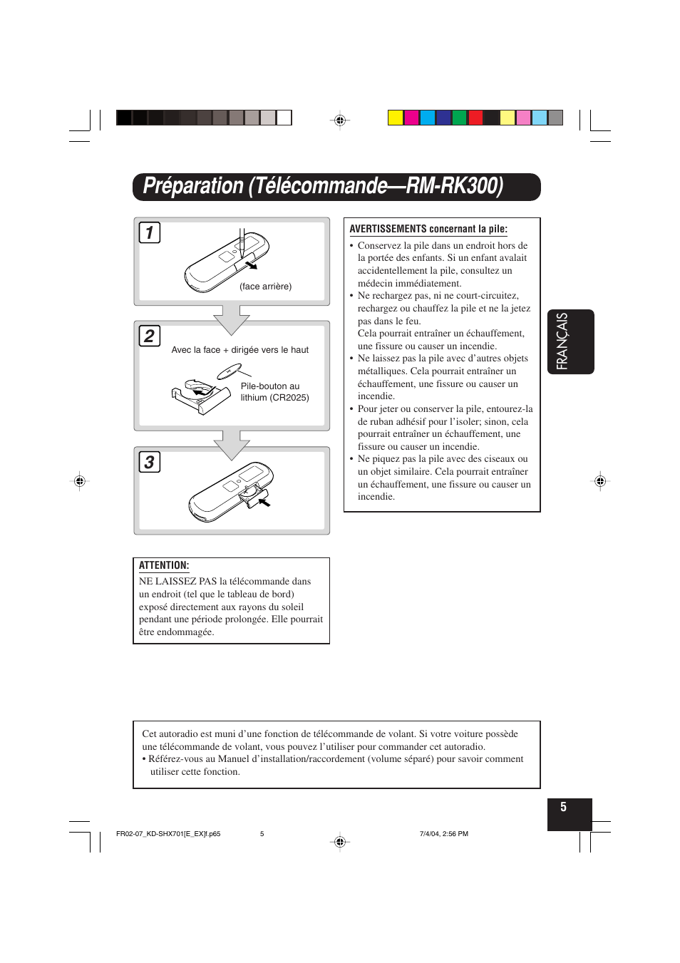 Préparation (télécommande—rm-rk300), Français | JVC CD Receiver KD-SHX701 User Manual | Page 133 / 259