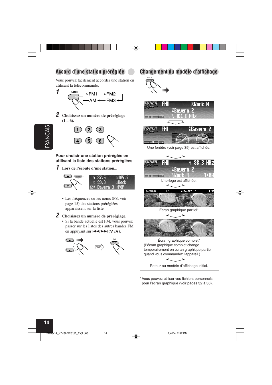 Français, Accord d’une station préréglée, Changement du modèle d’affichage | JVC CD Receiver KD-SHX701 User Manual | Page 142 / 259