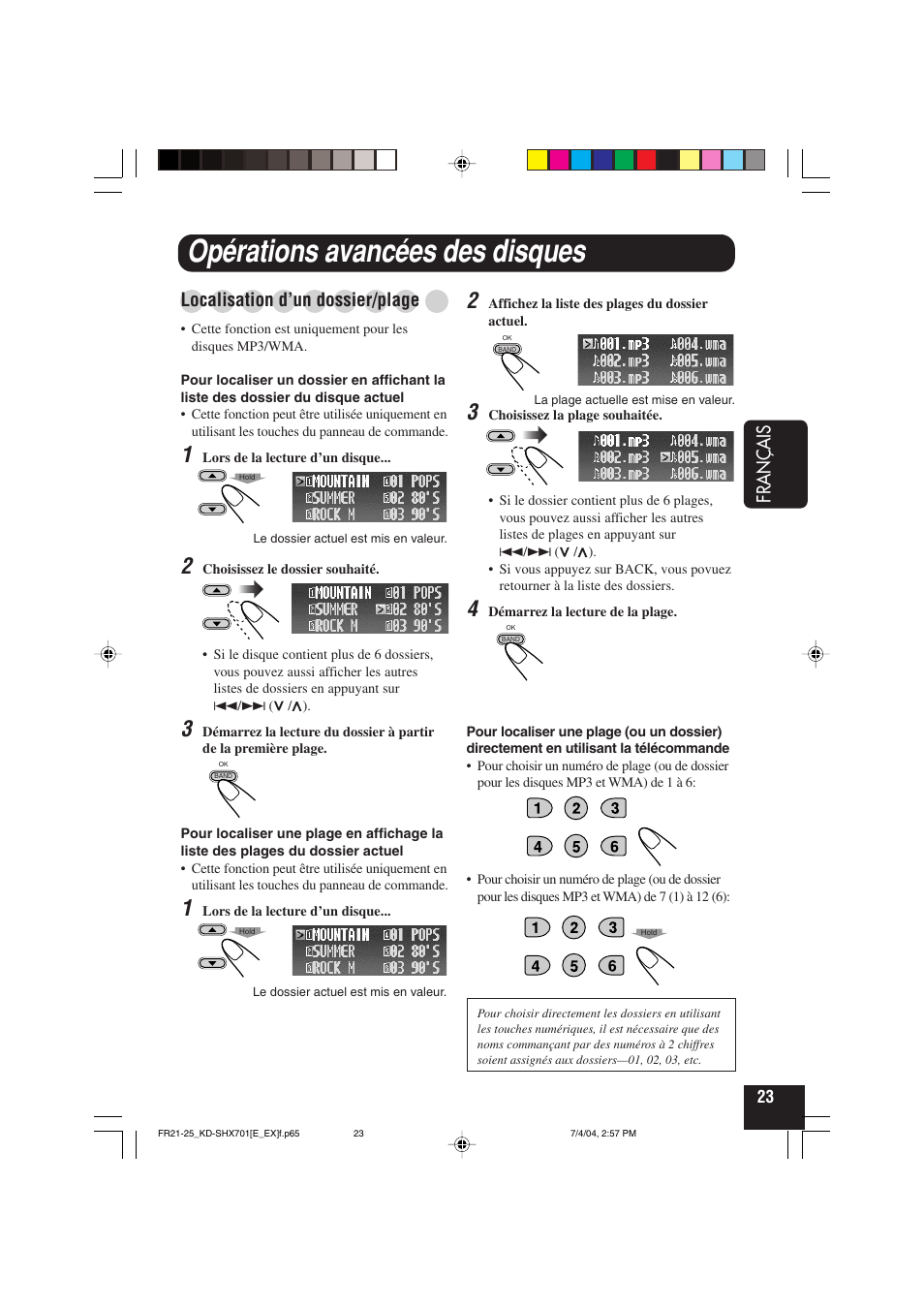 Opérations avancées des disques, Français, Localisation d’un dossier/plage | JVC CD Receiver KD-SHX701 User Manual | Page 151 / 259