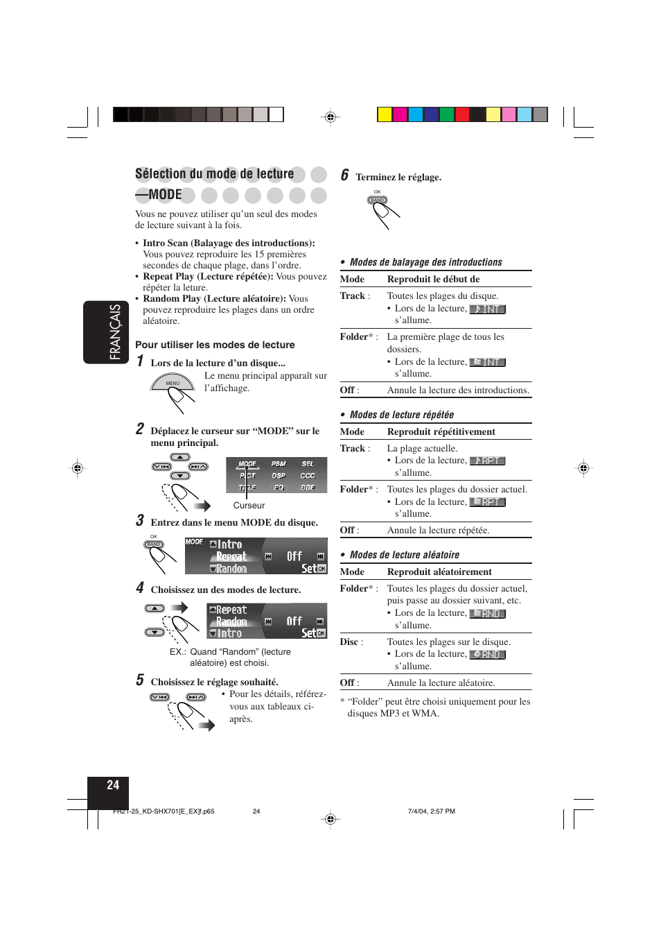 Français, Sélection du mode de lecture, Mode | JVC CD Receiver KD-SHX701 User Manual | Page 152 / 259