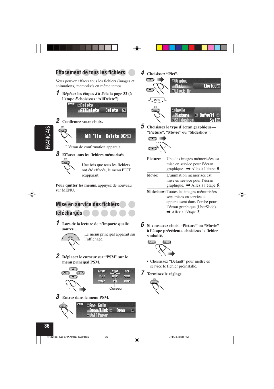 Français, Effacement de tous les fichiers, Mise en service des fichiers | Téléchargés | JVC CD Receiver KD-SHX701 User Manual | Page 164 / 259
