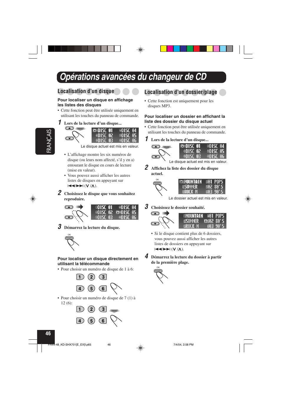 Opérations avancées du changeur de cd, Français, Localisation d’un disque | Localisation d’un dossier/plage | JVC CD Receiver KD-SHX701 User Manual | Page 174 / 259