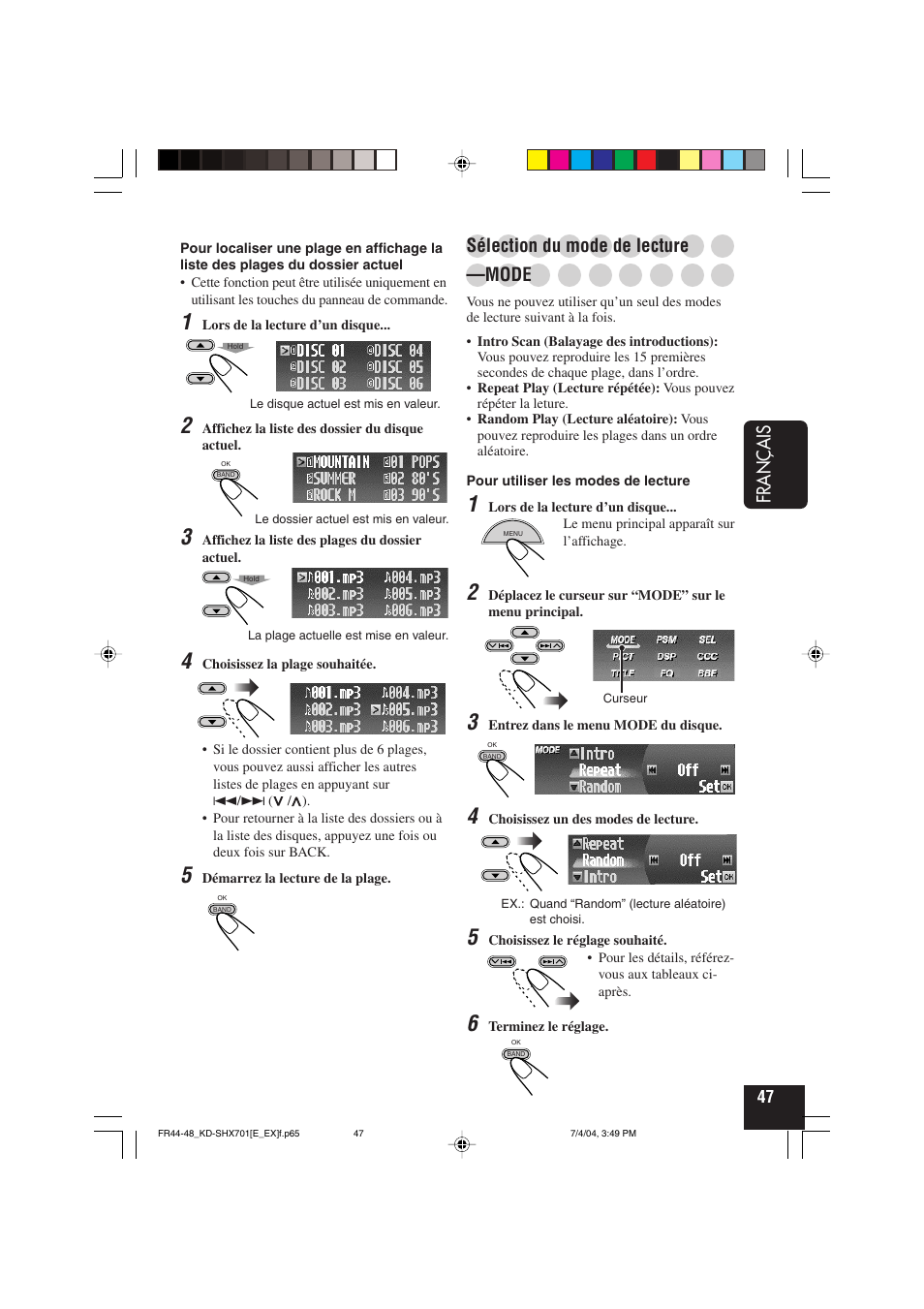 Français, Sélection du mode de lecture, Mode | JVC CD Receiver KD-SHX701 User Manual | Page 175 / 259