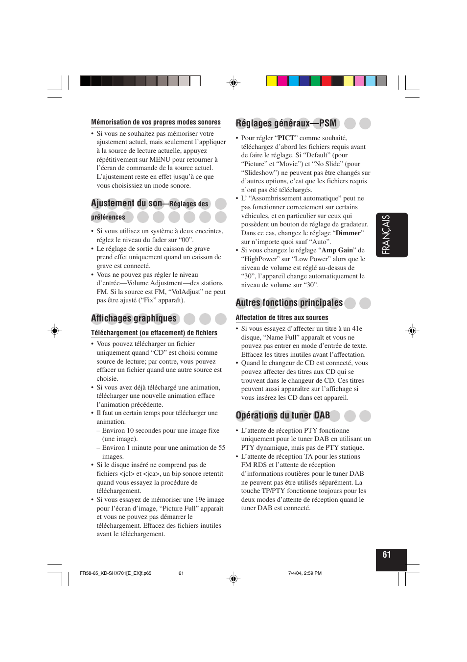 Français, Ajustement du son, Affichages graphiques | Réglages généraux—psm, Autres fonctions principales, Opérations du tuner dab | JVC CD Receiver KD-SHX701 User Manual | Page 189 / 259