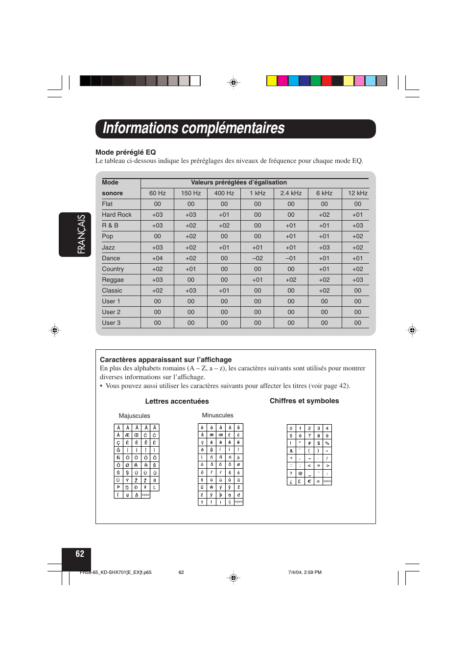 Informations complémentaires, Français | JVC CD Receiver KD-SHX701 User Manual | Page 190 / 259