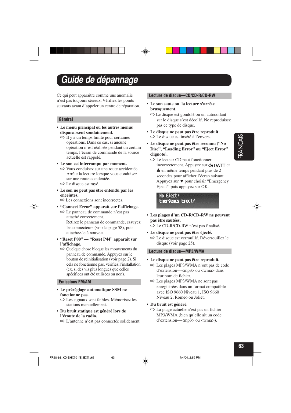 Guide de dépannage, Français | JVC CD Receiver KD-SHX701 User Manual | Page 191 / 259