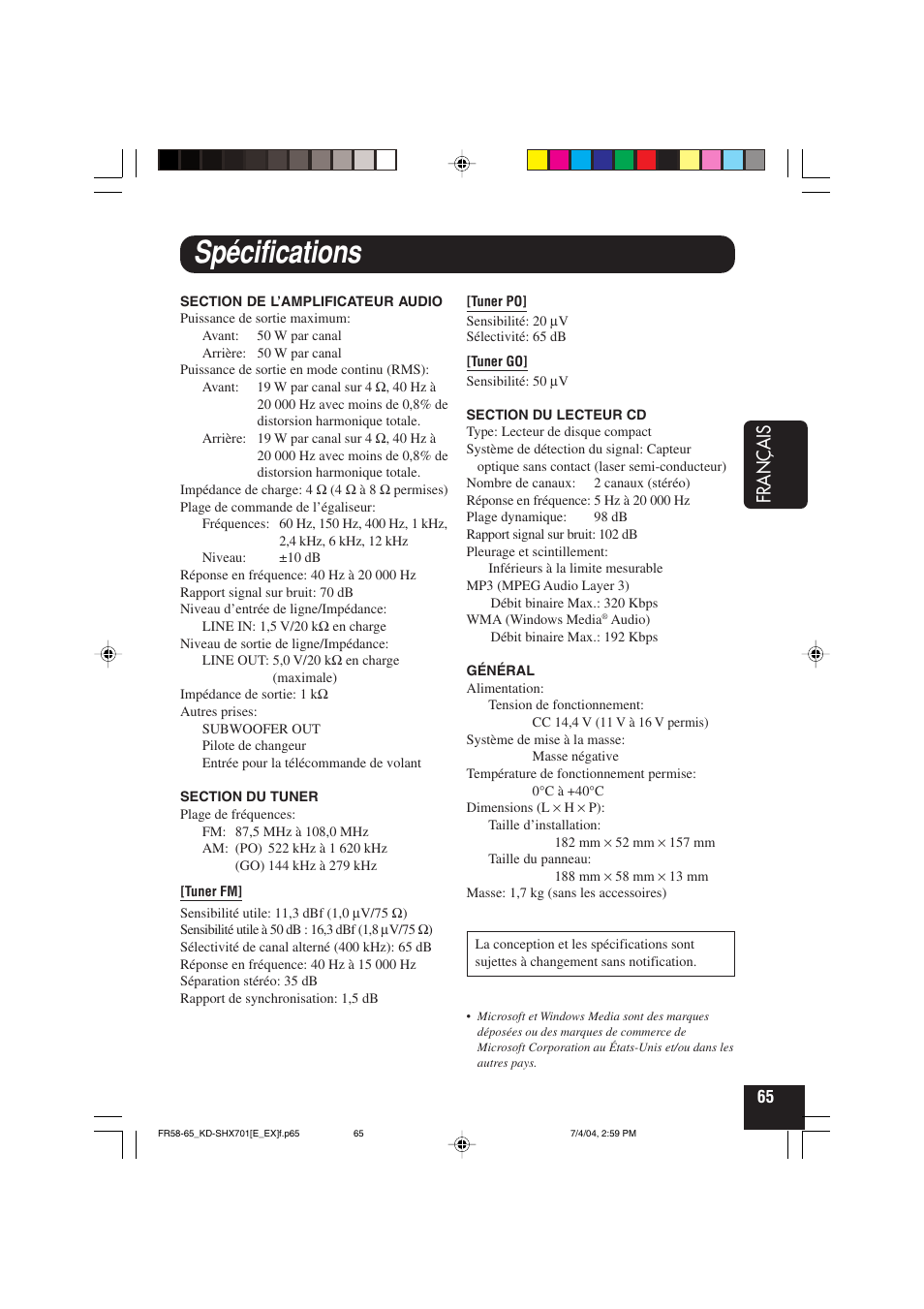 Spécifications, Français | JVC CD Receiver KD-SHX701 User Manual | Page 193 / 259