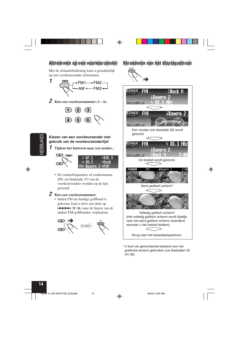 Nederlands, Afstemmen op een voorkeurzender, Veranderen van het displaypatroon | JVC CD Receiver KD-SHX701 User Manual | Page 206 / 259