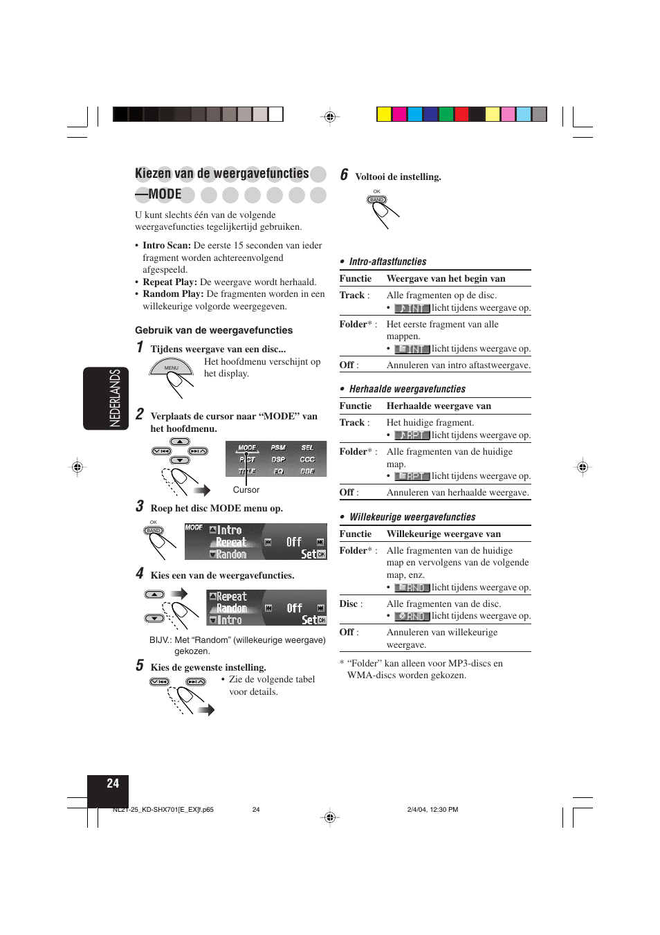 Nederlands, Kiezen van de weergavefuncties, Mode | JVC CD Receiver KD-SHX701 User Manual | Page 216 / 259