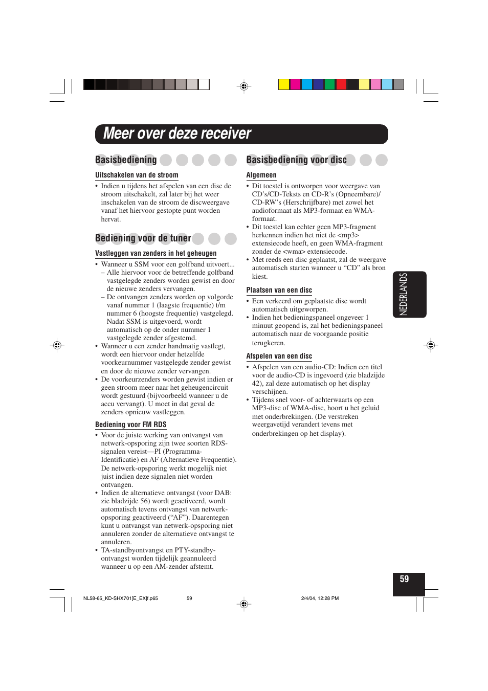 Meer over deze receiver, Nederlands, Basisbediening | Bediening voor de tuner, Basisbediening voor disc | JVC CD Receiver KD-SHX701 User Manual | Page 251 / 259