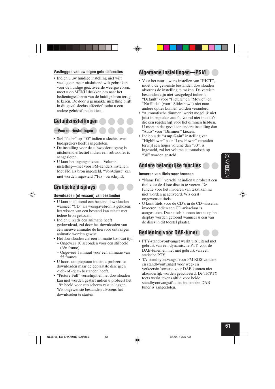 Nederlands, Geluidsinstellingen, Grafische displays | Algemene instellingen—psm, Andere belangrijke functies, Bediening voor dab-tuner | JVC CD Receiver KD-SHX701 User Manual | Page 253 / 259