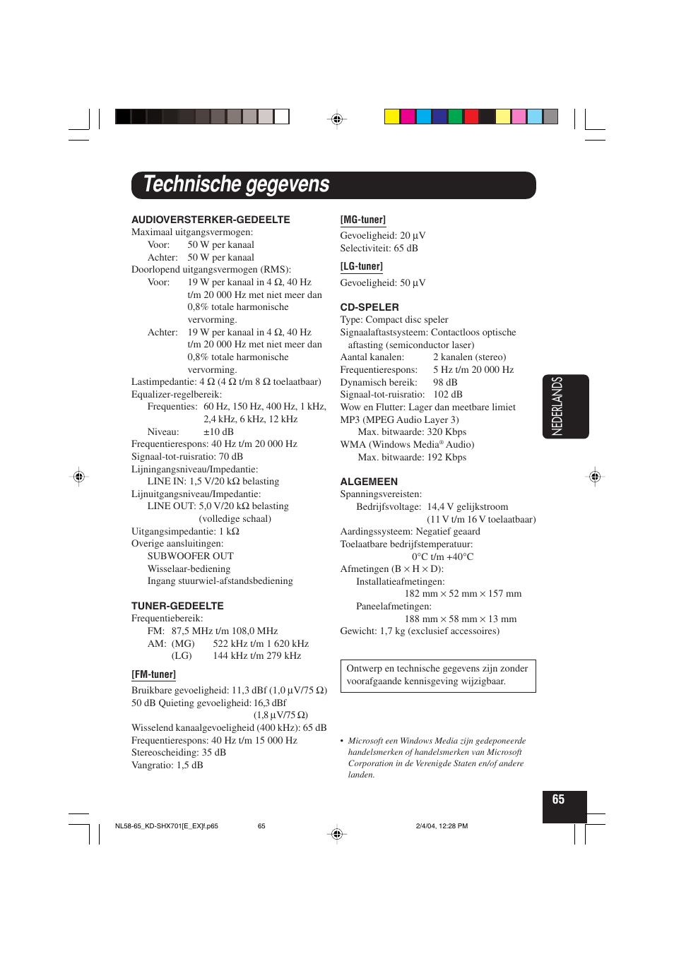 Technische gegevens, Nederlands | JVC CD Receiver KD-SHX701 User Manual | Page 257 / 259