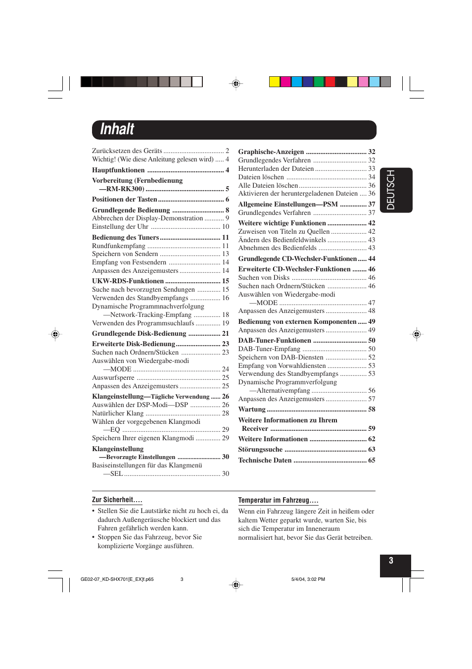 Inhalt, Deutsch | JVC CD Receiver KD-SHX701 User Manual | Page 67 / 259