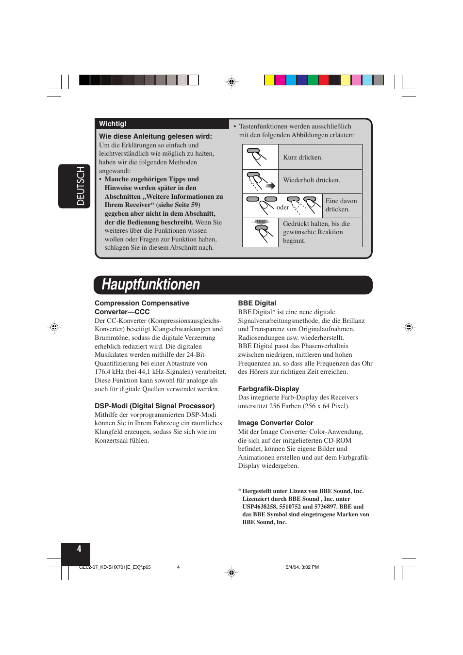 Hauptfunktionen, Deutsch | JVC CD Receiver KD-SHX701 User Manual | Page 68 / 259