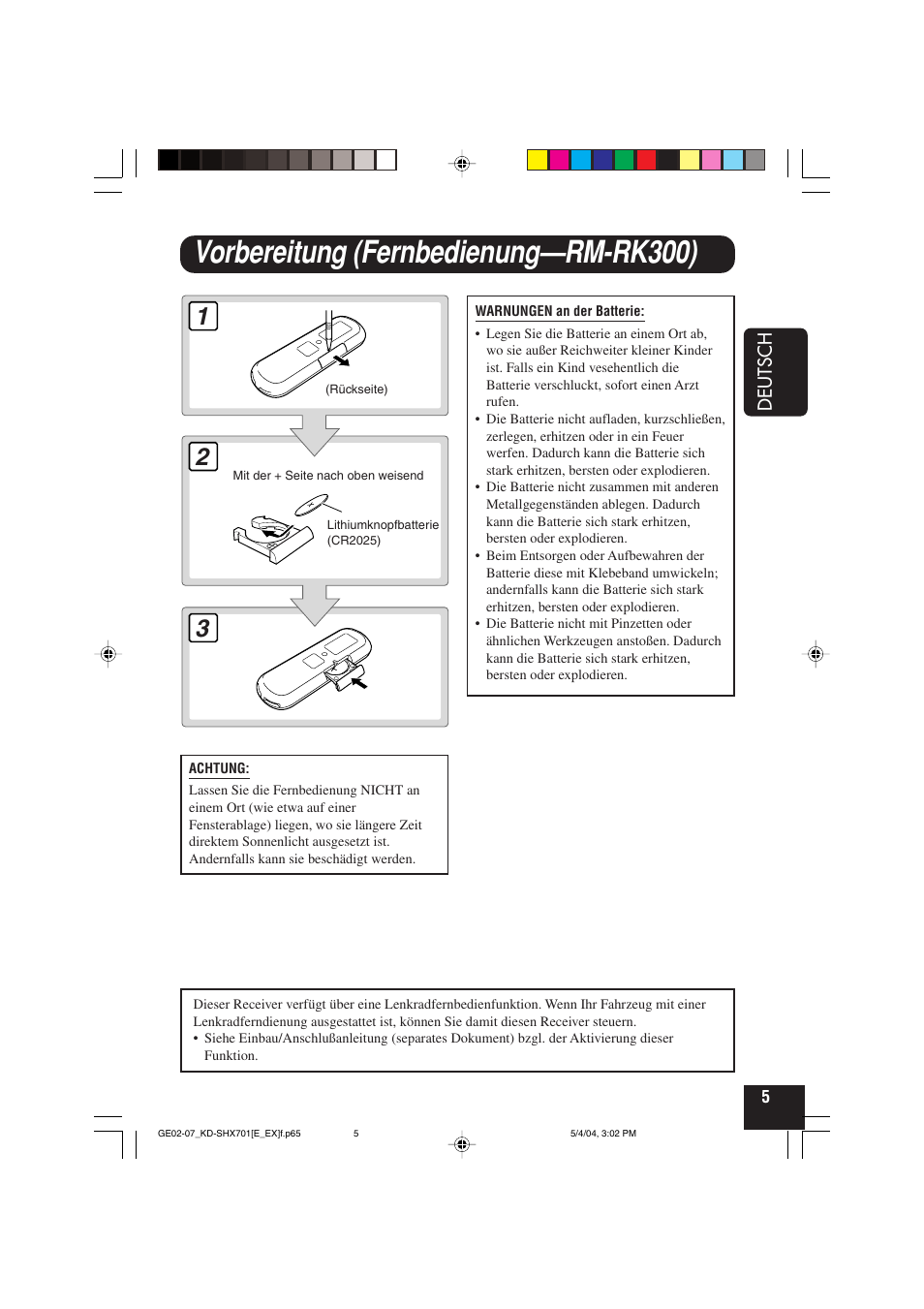 Vorbereitung (fernbedienung—rm-rk300), Deutsch | JVC CD Receiver KD-SHX701 User Manual | Page 69 / 259