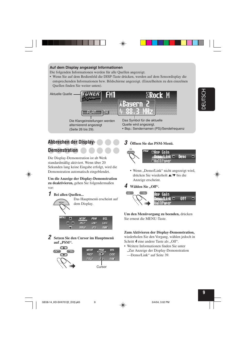 Deutsch, Abbrechen der display, Demonstration | JVC CD Receiver KD-SHX701 User Manual | Page 73 / 259