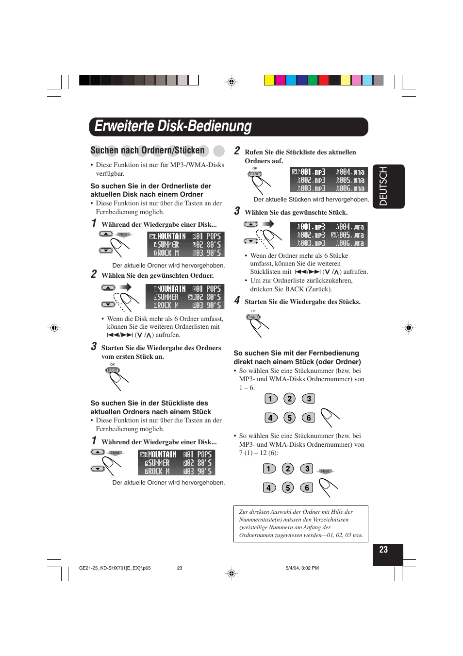 Erweiterte disk-bedienung, Deutsch, Suchen nach ordnern/stücken | JVC CD Receiver KD-SHX701 User Manual | Page 87 / 259