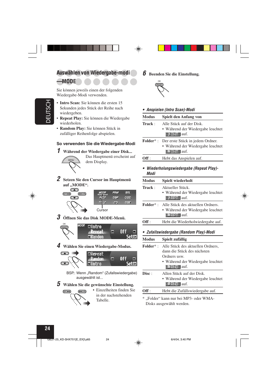 Deutsch, Auswählen von wiedergabe-modi, Mode | JVC CD Receiver KD-SHX701 User Manual | Page 88 / 259