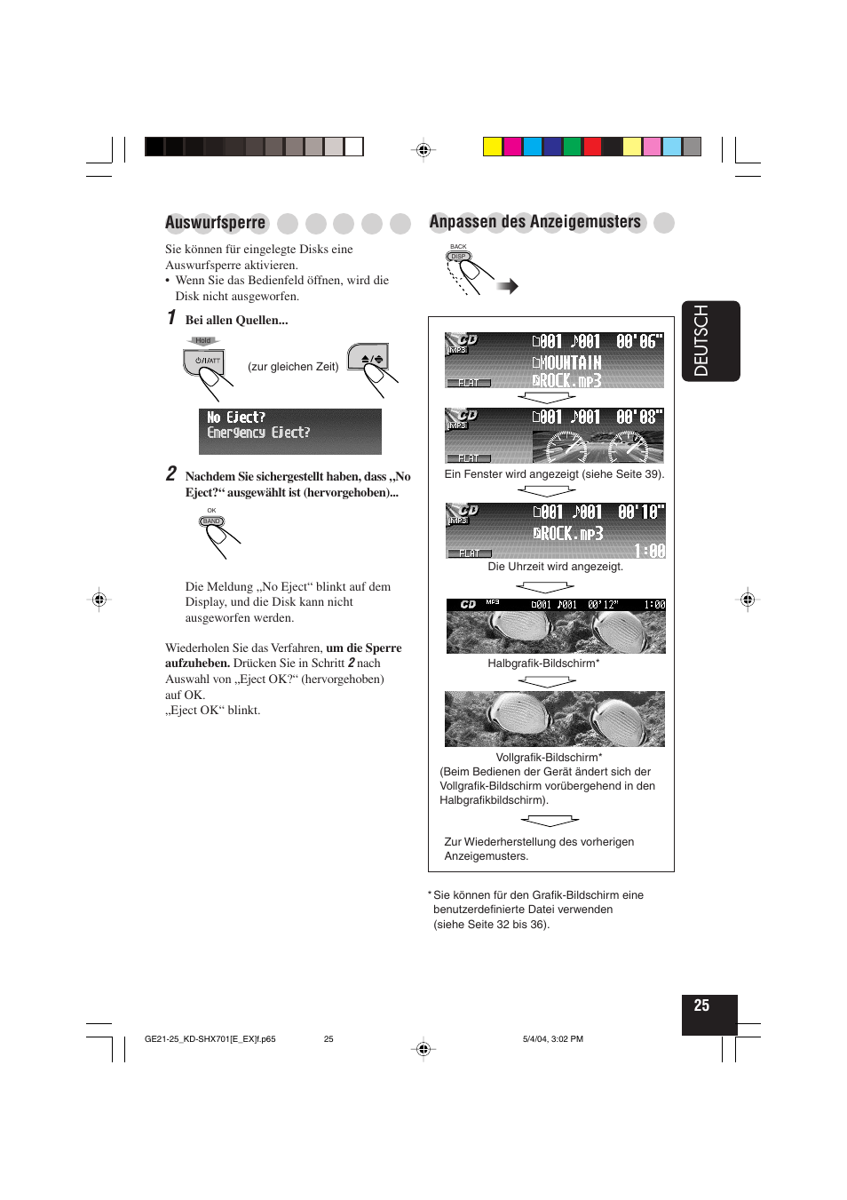 Deutsch, Anpassen des anzeigemusters, Auswurfsperre | JVC CD Receiver KD-SHX701 User Manual | Page 89 / 259