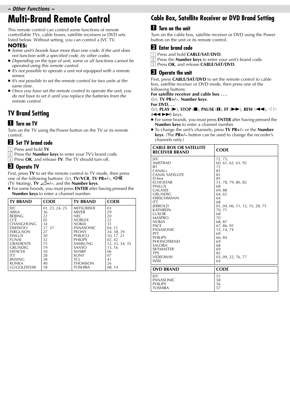 Multi-brand remote control, Tv brand setting a, Turn on tv | Set tv brand code, Operate tv, Turn on the unit, Enter brand code, Operate the unit, Other functions | JVC HR-J281MS User Manual | Page 11 / 16