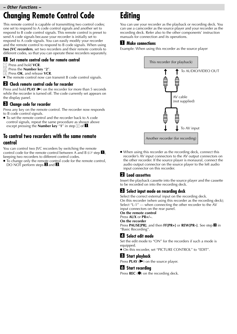 Changing remote control code, Editing | JVC HR-J281MS User Manual | Page 12 / 16