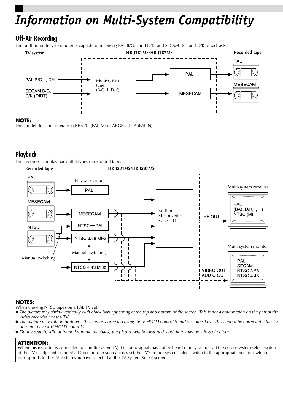 Information on multi-system compatibility, Off-air recording, Playback | JVC HR-J281MS User Manual | Page 13 / 16