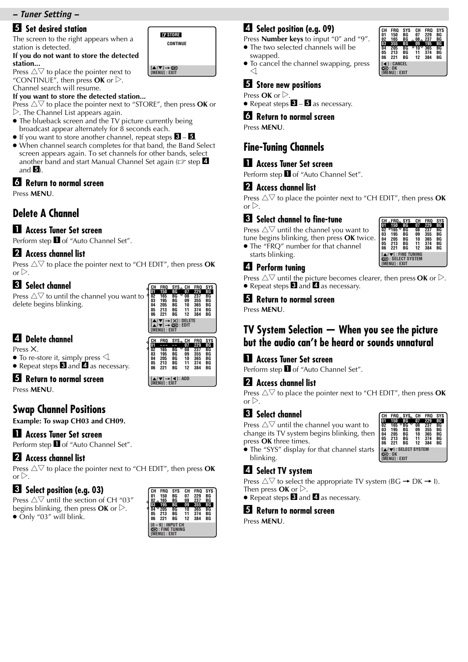 Delete a channel a, Swap channel positions, Fine-tuning channels a | Set desired station, Return to normal screen, Access tuner set screen, Access channel list, Select channel, Delete channel, Select position (e.g. 03) | JVC HR-J281MS User Manual | Page 15 / 16