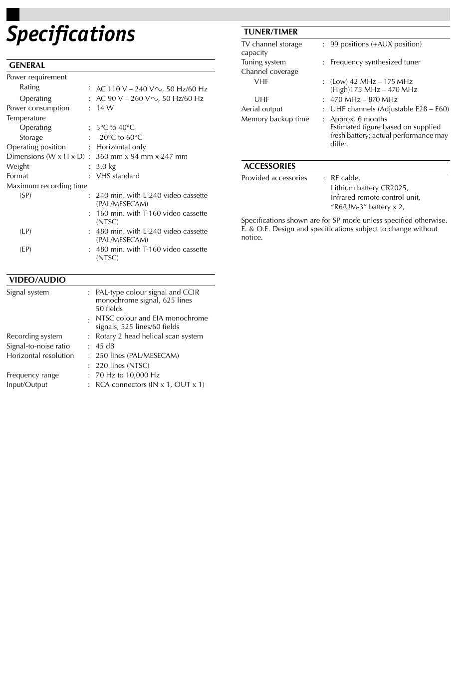 Specifications | JVC HR-J281MS User Manual | Page 16 / 16