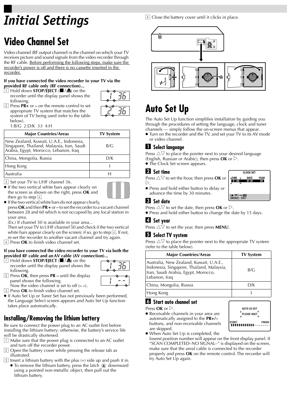 Initial settings, Video channel set, Auto set up | Installing/removing the lithium battery, Select language, Set time, Set date, Set year, Select tv system, Start auto channel set | JVC HR-J281MS User Manual | Page 4 / 16