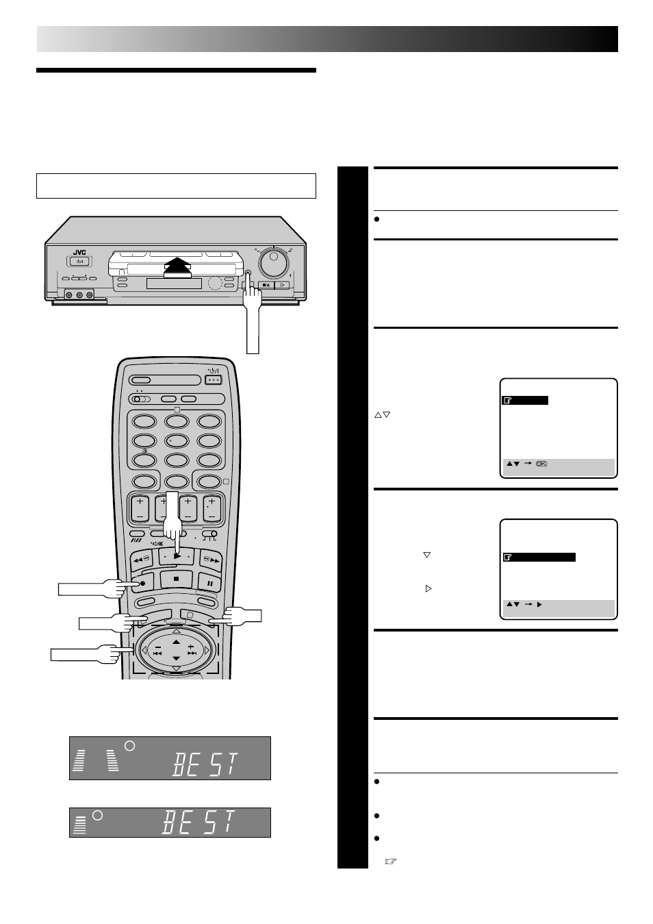 B.e.s.t. picture system, Load a cassette, Access main menu screen | Access mode set screen, Confirm b.e.s.t. status, Return to normal screen, Start recording, Recording (cont.), Recording | JVC HI-FI HR-J748EH User Manual | Page 20 / 52