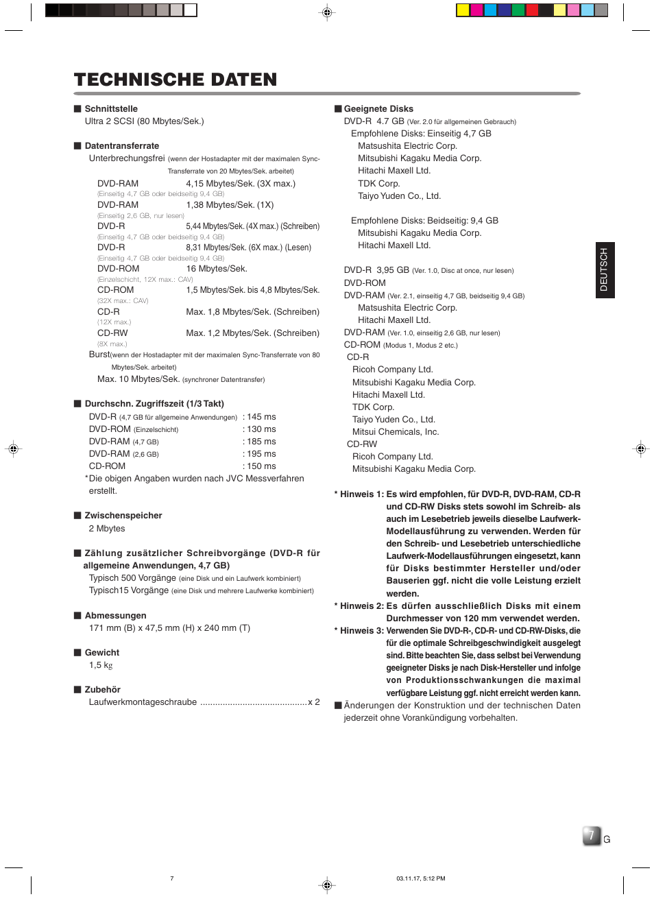 Technische daten | JVC MC-R434U User Manual | Page 14 / 29