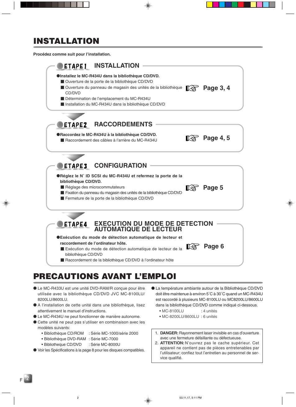 Installation, Precautions avant l’emploi, Page 3, 4 | Raccordements, Page 4, 5, Configuration, Page 5, Page 6 | JVC MC-R434U User Manual | Page 16 / 29