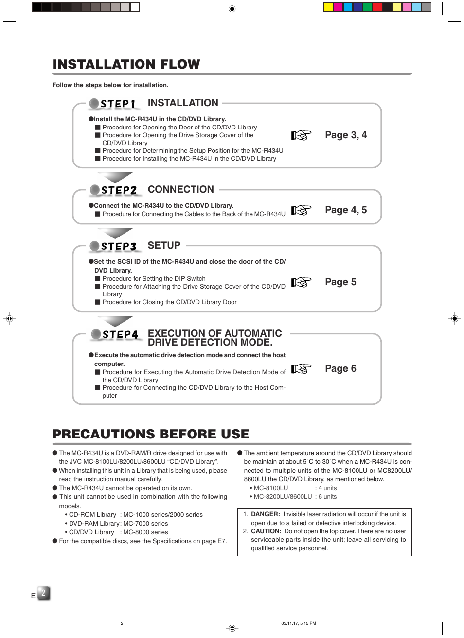 Installation flow, Precautions before use, Installation page 3, 4 | Connection page 4, 5, Setup page 5 | JVC MC-R434U User Manual | Page 2 / 29