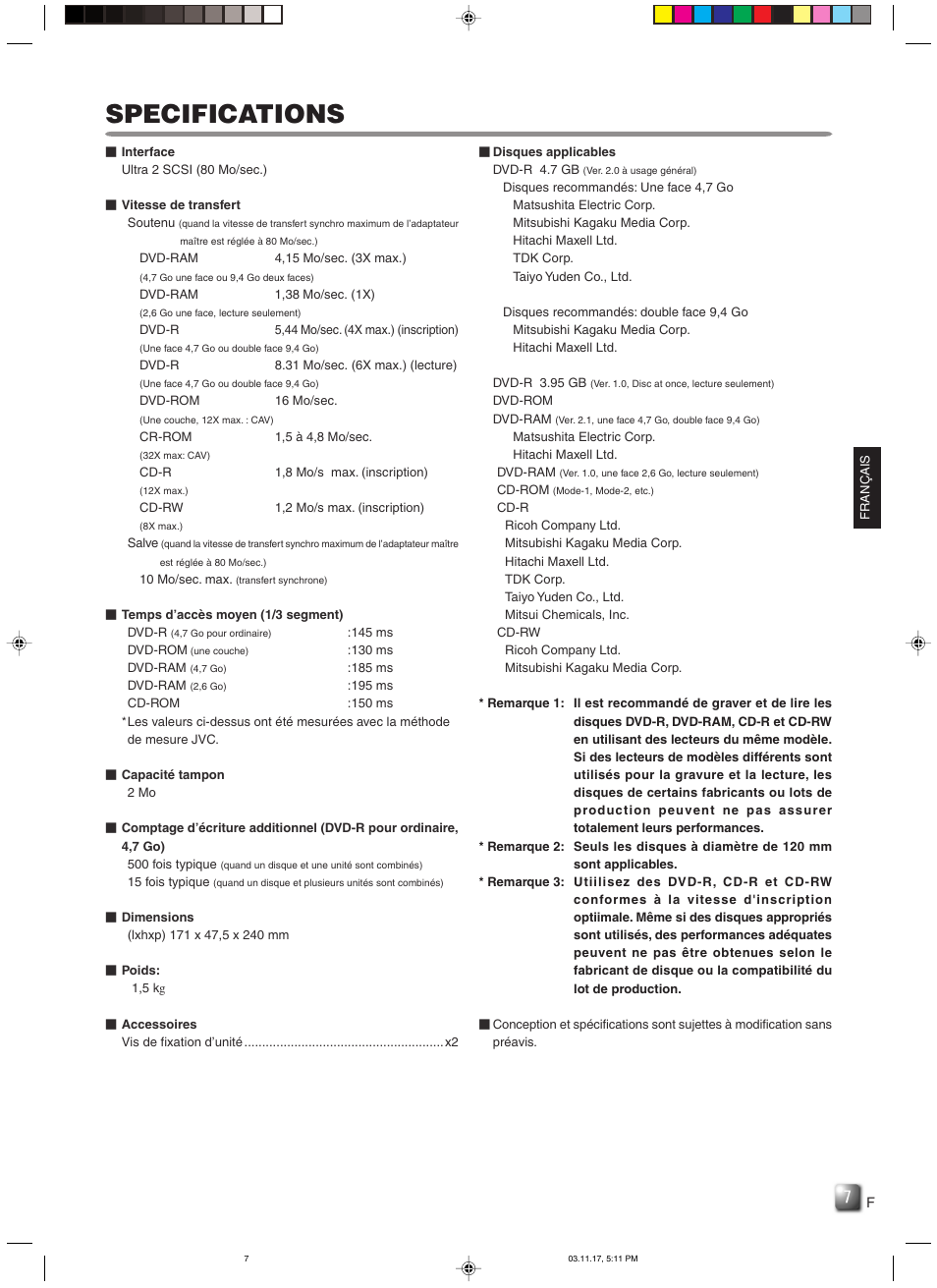 Specifications | JVC MC-R434U User Manual | Page 21 / 29