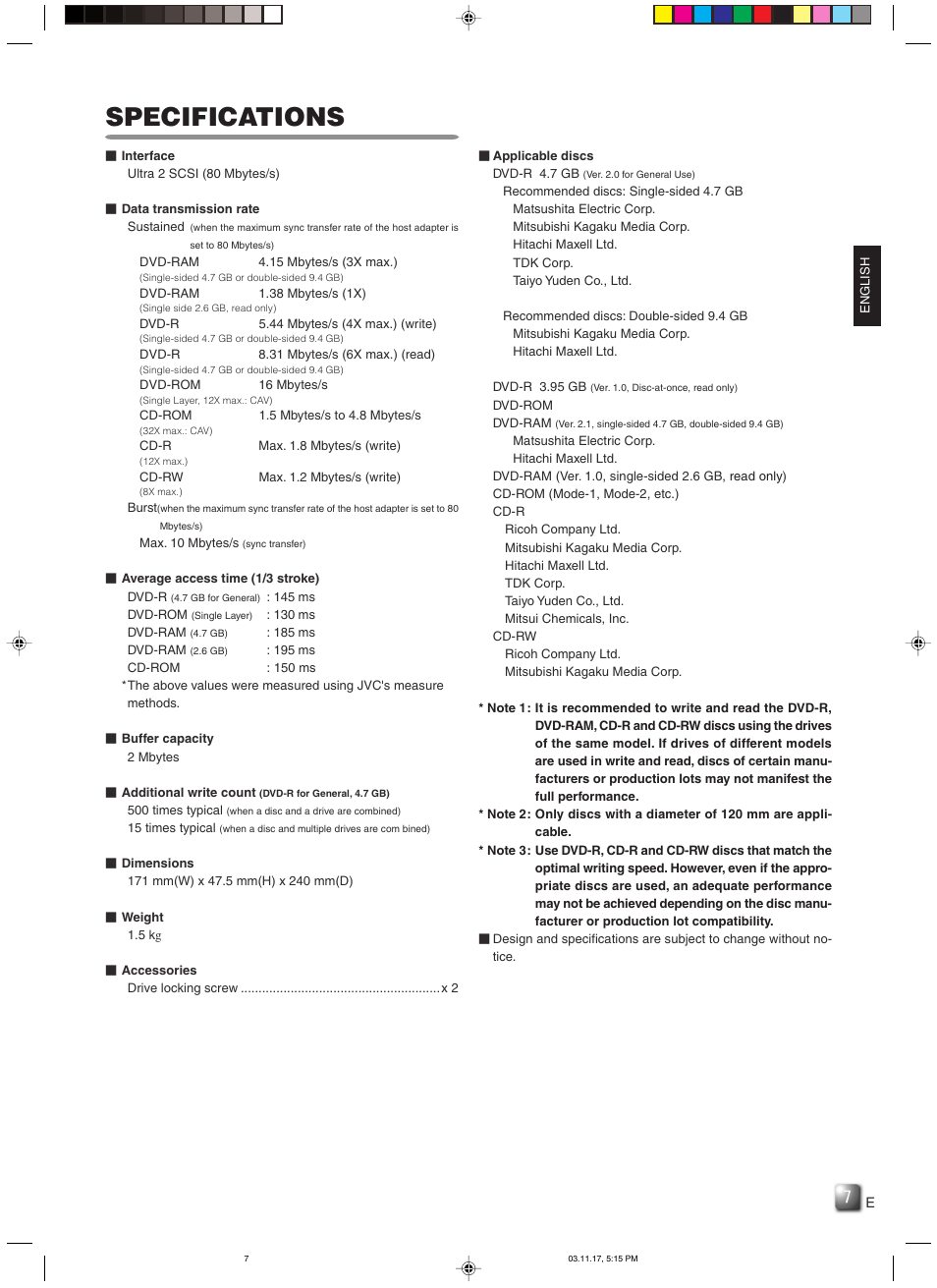 Specifications | JVC MC-R434U User Manual | Page 7 / 29