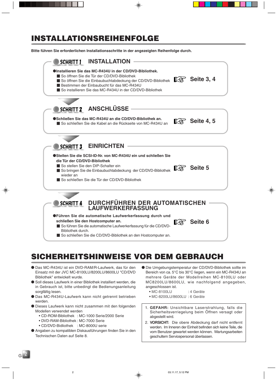 Installationsreihenfolge, Sicherheitshinweise vor dem gebrauch, Installation | Seite 3, 4, Anschlüsse, Seite 4, 5, Einrichten, Seite 5, Durchführen der automatischen laufwerkerfassung, Seite 6 | JVC MC-R434U User Manual | Page 9 / 29