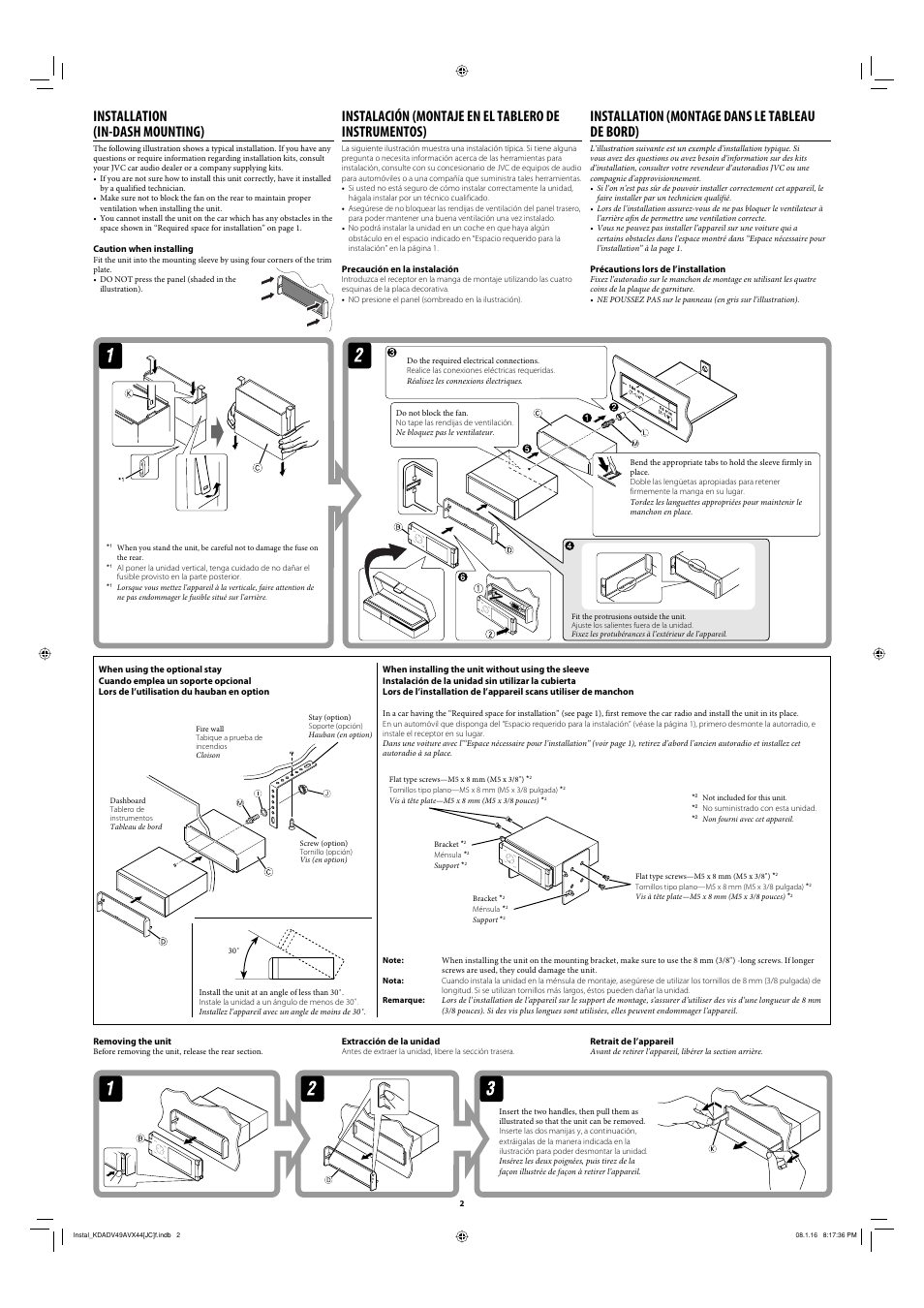 Installation (in-dash mounting), Installation (montage dans le tableau de bord) | JVC XMD100 User Manual | Page 2 / 6