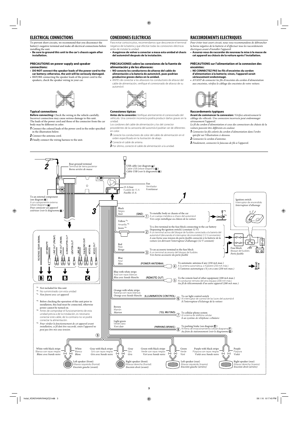 Electrical connections, Conexiones electricas, Raccordements electriques | JVC XMD100 User Manual | Page 3 / 6