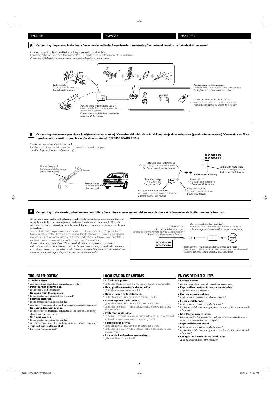 Troubleshooting, En cas de difficultes, Localizacion de averias | JVC XMD100 User Manual | Page 4 / 6